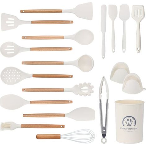 Ensemble de 19 ustensiles de cuisine en silicone avec manches en bois blanc. (1/3)