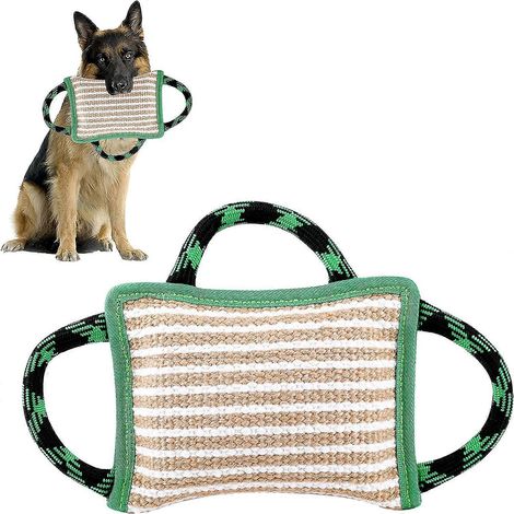 Coussin à mordre pour chien 26 x 18 cm, jouet à tirer vert pour chien avec 3 poignées confortables et résistantes, jouet à tirer en jute robuste (1/4)