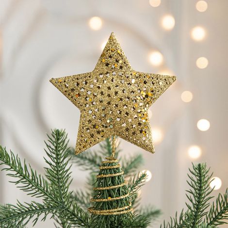 Étoile De Noël - Support Pour Sommet D'Arbre Avec Projecteur Led Intégré - Pentagramme Creux En Fer Doré - Décoration Intérieure Et Extérieure - 1 Pièce (1/5)