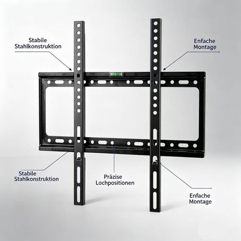 Support mural TV fixe 26‑65 pouces, acier laminé à froid, charge max 50 kg, entraxe VESA jusqu’à 400×400 mm, distance mur 25 mm, niveau à bulle intégré, salon chambre bureau (1/5)