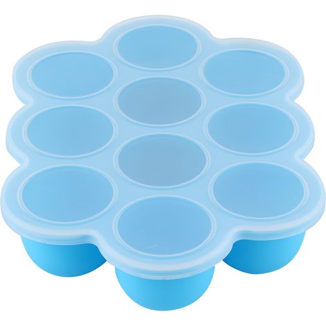 Silikon-Gefrierform mit 10 Löchern, wiederverwendbarer Behälter mit Deckel für selbstgemachte Babynahrung (Blau) (1/5)
