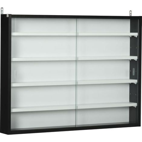 Vitrine murale avec étagères réglables et 2 portes coulissantes en verre pour collections, parfums, figurines décoratives, 80 x 9,5 x 60 cm, noir et blanc (1/5)
