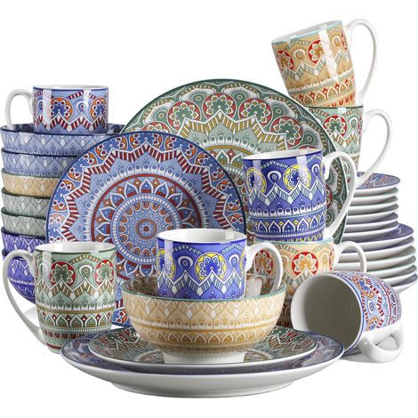Servizio da tavola in ceramica, con motivo mandala bohémien, disponibile in colori misti e blu. (1/2)