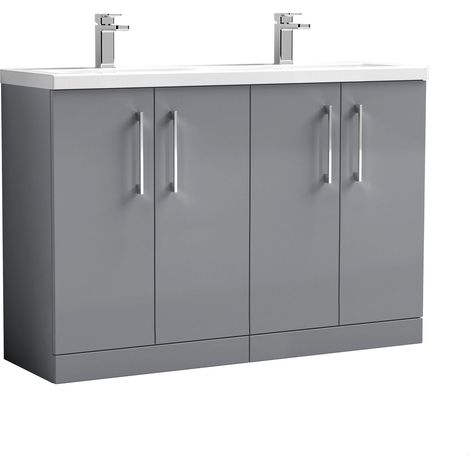 Balterley Bramshall 1200mm Floor Standing 4 Door Double Basin Vanity Unit for Modern Bathroom Storage - Satin Grey