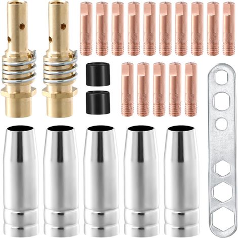 Kit de 25 pièces d'usure pour poste à souder à gaz inerte, accessoires de torche de soudage adaptés pour AK-15/MB-15, 5 x buses à gaz, 15 x buses de contact M6 0,8 mm, 2 x tiges de buse, 2 x isolateur