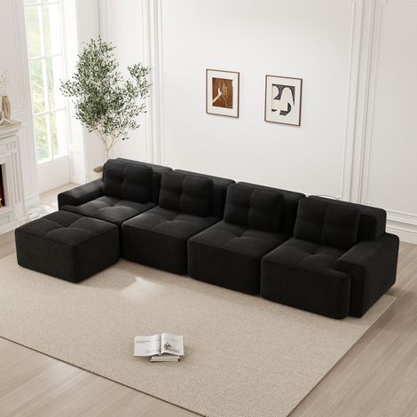 Sofá modular 4 plazas negro en pana con chaise longue en L, asiento profundo y diseño antideslizante (1/5)