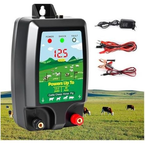 Dispositif de clôture électrique 12 V avec affichage LED, portée 15 km, 2 Joules, 12 kV, pour la protection des animaux de ferme, de la volaille, des pâturages et des jardins (1/5)