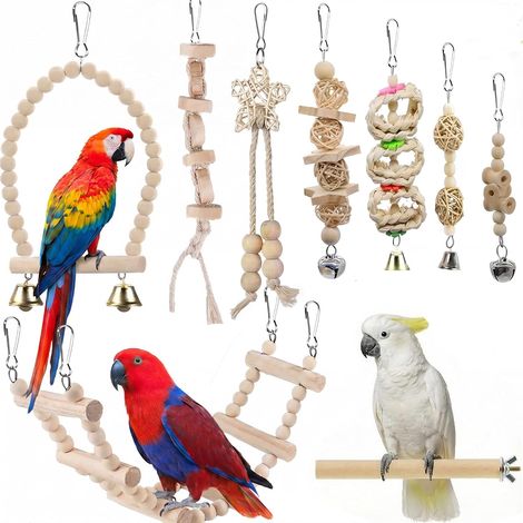 Lot de 9 Jouets pour Oiseaux, Jouet Perroquet et Jouet Oiseau d'Activité avec Balançoire, Échelle, Cloche et Accessoires, pour Inséparables, Pinsons et Calopsittes, Petite et Moyenne Taille (1/5)