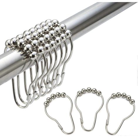 Set mit 12 Duschvorhanghaken aus Edelstahl mit polierten Metallkugeln für das Badezimmer, Nickel-Finish.
