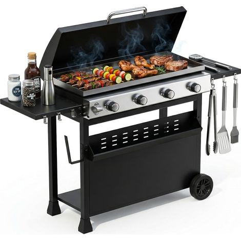 Gasgrill, 4 Edelstahlbrennern (32.000 BTU) mobiler BBQ-Grillwagen, Flachgrillplatte, umstellbar auf Tischgrill, witterungsfester Haube & Seitenablagen