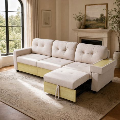 Canapé d’angle en L 228x80x78 cm en velours beige avec méridienne extensible, USB et rangement (1/5)