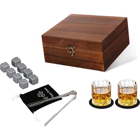 1 Coffret cadeau, Bois naturel, 2 Verres à whisky, Pierre à glace, Rangement bouteille, Maison Bureau (1/5)