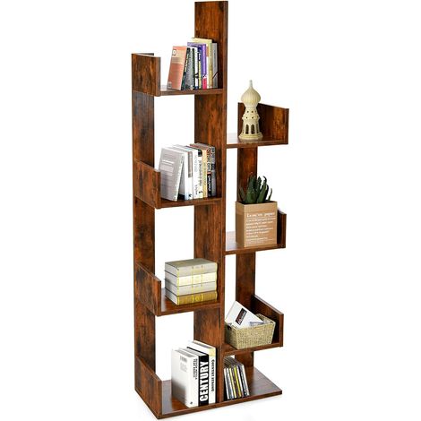 GOPLUS Bibliothèque à 8 Niveaux,Forme d’Arbre,Charge 80kg,étagère de Rangement de Bureau avec Dispositif Anti-Basculement,Marron