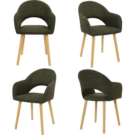 Goeurvant Chaises de salle à manger confortables en tissu effet lin avec dossier en forme de croissant et accoudoirs ergonomiques, L'alliance parfaite de soutien et de style - Lot de 4 - Vert olive