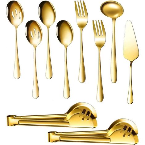 Ensemble D'ustensiles de Service En Acier Inoxydable avec grandes cuillères de service,cuillères fendues,fourchettes de service,louche, pelle à gâteau et pince de service(Or) (1/5)