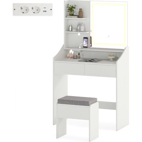 Coiffeuse blanche avec miroir LED à 3 couleurs, station de recharge, tiroirs et tabouret avec rangement pour chambre et studio (1/4)