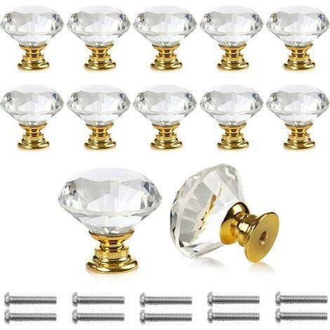 10 pomelli trasparenti in cristallo effetto diamante per porte, cassetti e armadi, con viti, diametro 30 mm, cristallo trasparente, pomelli per mobili (1/5)