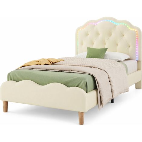 Cama individual 90x200 cm tapizada en cuero regenerado beige, con cabecero ondulado y tiras LED multicolor, somier de lamas de madera, ideal para dormitorio infantil  CHICFURN (1/5)