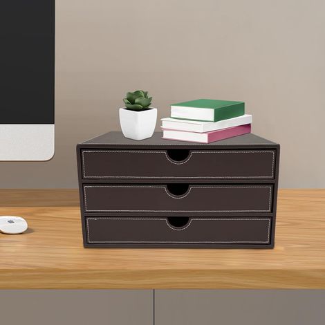 Schubladenbox A4 Fächern PU-Leder-Schubladenbox, 3-Tier Schubladenbox Schreibtisch, U-förmige Öffnung, Handgenähte Nähte, Kaffee Schubladenregal, 33  25  18 cm