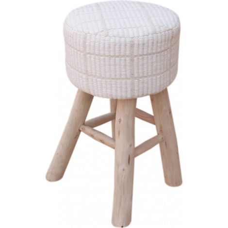 Sgabello bianco in legno e lana con seduta tonda 40x40xH70 cm