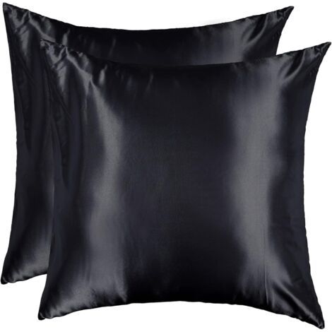 Taie d'oreiller Satin 60x60 Lot de 2 Lisse Elégant Housse Oreiller Carré Confort Soyeux Peau Frais Eté Fermeture Eclair Maison Hôtel, Noir (1/5)
