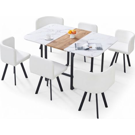 ELVMI Conjunto de Mesa y Sillas con Mesa Extensible y Sillas, MDF, Metal y PU, Blanco, Negro y Madera Natural (1/5)