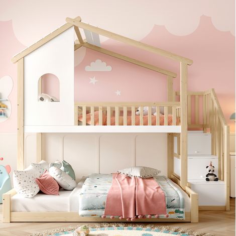Litera 90/140x200 cm de madera natural y blanca con almacenaje para niños sin colchón -FLORAGRACE (1/5)
