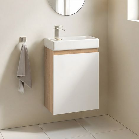 Mueble de lavabo mural TOMI de 1 puerta en haya y blanco con lavabo de cerámica blanca (1/5)