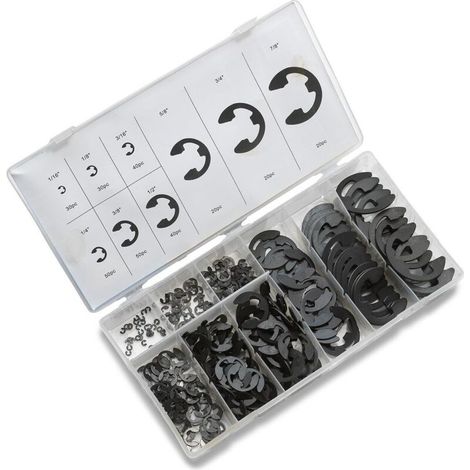 INHHUB 300-teiliges E-Clip-Sortiment, 9 SAE-Größen, wärmebehandelte externe Halteklammern, 1/16"-7/8" Sicherungsring-Kit aus Kohlenstoffstahl, Anti-Walk-Unterlegscheiben