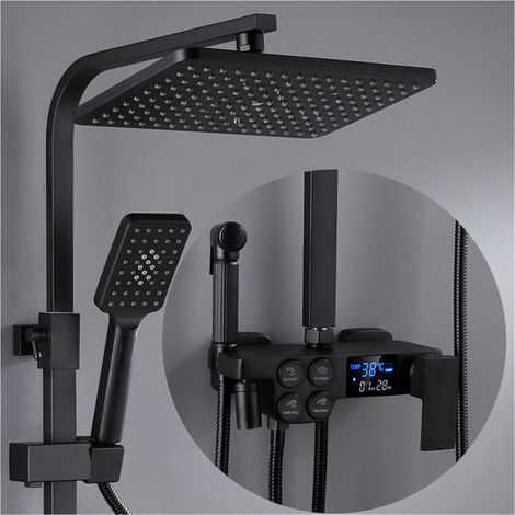 Ensemble de douche mitigeur thermostatique intelli Ensemble de douche numérique chaud et froid robinet système de douche de salle de bains robinet de douche en or noir pommeau de douche carré système (1/5)