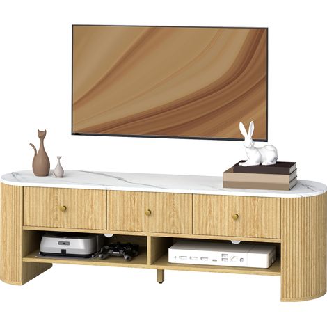 Mobile porta TV da 140 cm, per televisori fino a 65 pollici, effetto marmo, con 3 cassetti con frontali scanalati effetto legno naturale.