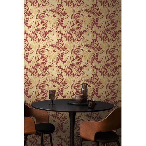 Papier peint intissé feuille et palmier, style tropical aux tons or et rouge - 10,05 x 0,53 m - collection Cosmopolitan (1/5)