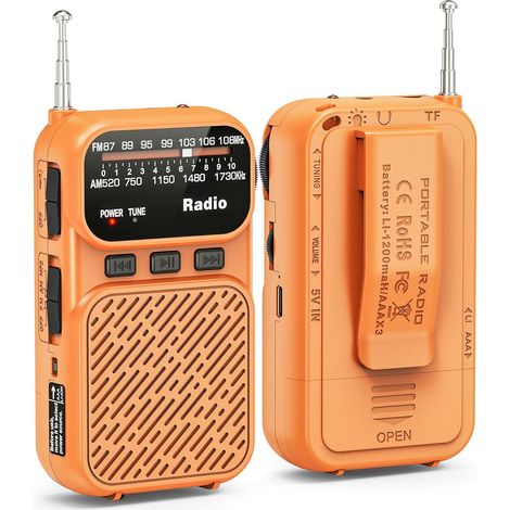 Mini Radio Portable, Poste AM/FM Portable avec Batterie 1200mAh, Radio de Poche avec Bluetooth, Radio à Transistors Fonctionnant sur Piles AAA avec Lampe de Poche/TF, Chargement USB-C (Orange) (1/5)