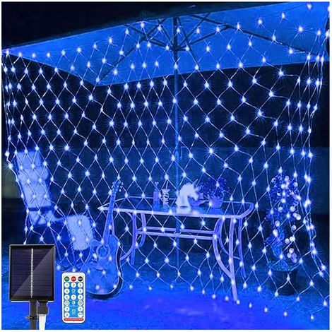 Filet lumineux solaire – 1,5 x 1,5 m – 96 LED d'extérieur étanche avec 8 modes d'éclairage – Télécommande pour sapin de Noël, pelouse, clôture, mur (bleu) (1/5)