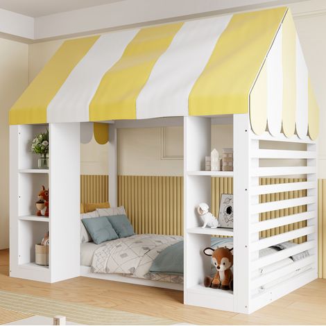 Cama infantil 90x200 cm blanca en madera con dos compartimentos abiertos y dosel (1/5)
