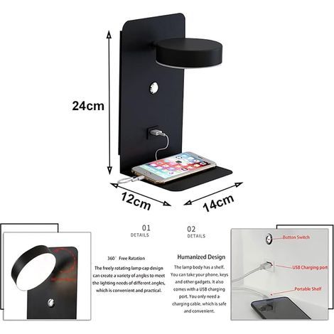 Aplique de pared LED para interiores con conexión USB, aplique de pared moderno de 12 W tricolor regulable con interruptor, luz de lectura de pared, lámpara de mesilla de noche giratoria de 330°, colo (1/5)
