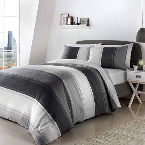 Housse de Couette à Larges Rayures Blanches et Grises - 260 x 220 cm - 2 taies d'oreiller - Housse de Couette à Rayures contemporaines en Gris - Parure de lit doublée Grise (1/4)