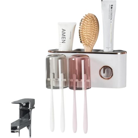 Soporte Para Cepillo De Dientes - Montaje En Pared Sin Perforar - Dispensador De Pasta Dental Y 2 Vasos - Para Cepillos Manuales Y Eléctricos - 25,3x13x11 cm (1/5)