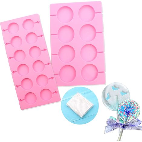 Ensemble de 2 moules à bonbons ronds en silicone avec 40 bâtonnets en papier pour la fabrication de bonbons au chocolat artisanaux. (1/5)