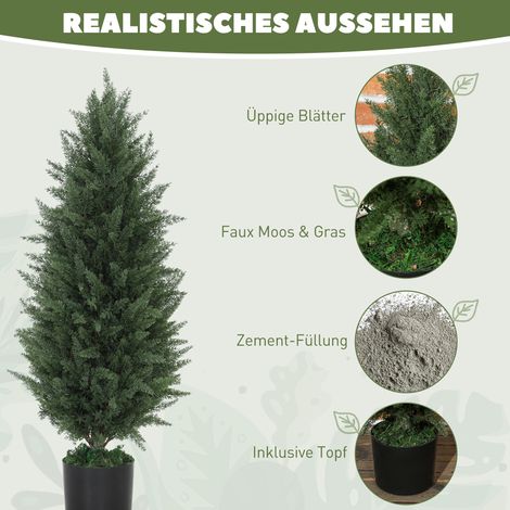 Lot de 2 cyprès factices, 831 aiguilles, cache-pot en béton, résistants aux rayons UV, 90 cm de haut, verts