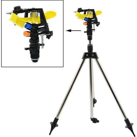Arroseur à jet rotatif à 360° (buse en plastique) avec support en métal et double sortie basculante. Support trépied pour l'arrosage du jardin. (1/5)