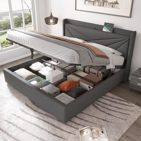 MEUBLIV Lit double coffre avec tête de lit géométrique ports USB et USB C sommier à lattes en bois tissu coton lin gris 140 x 200 cm (1/5)