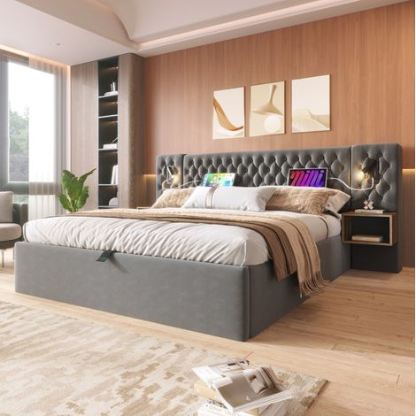 MODFU – Cama de matrimonio 180x200 cm de terciopelo con arcón hidráulico, 2 mesitas, lámparas USB Type-C, carga 226 kg y 3 paquetes – Gris (1/5)