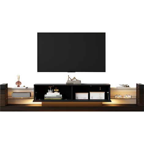 Meuble TV brillant avec éclairage LED 181 cm, pour téléviseurs jusqu’à 80 pouces, façade en verre et deux tiroirs rabattables (1/5)