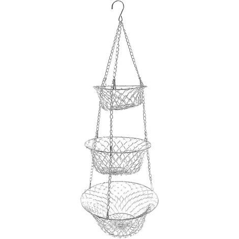 Panier à fruits à 3 niveaux, panier de rangement pour légumes et fruits de cuisine, panier suspendu à chaîne pour un gain de place (argenté) (1/5)