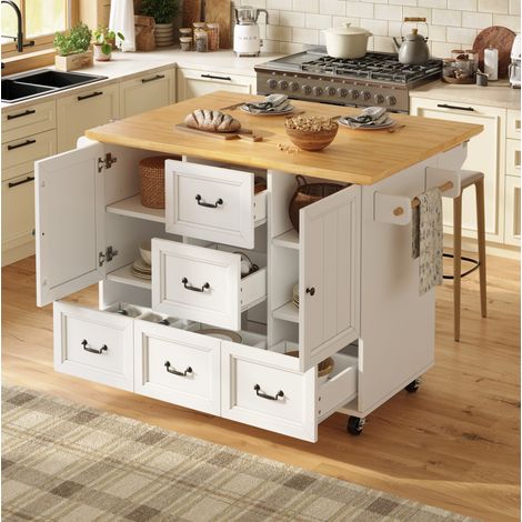 Carrello da cucina 140x73x93 cm con 2 ante, 5 cassetti, vassoio pieghevole, ripiani regolabili, portasciugamani, portaspezie, in MDF, bianco (1/5)