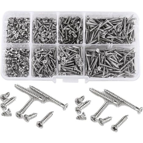 Surtido de 800 tornillos autorroscantes de cabeza plana Phillips M2 - Acero al carbono - 4, 5, 6, 8, 10, 12, 16 y 20 mm - Con caja de almacenamiento (1/5)