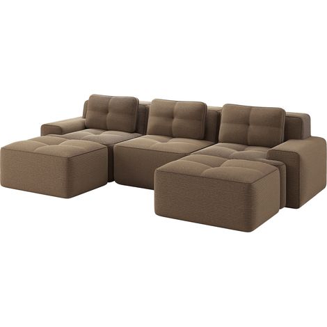 Canape d'angle Canape Convertible Modulaire 3 Places Forme U L Brun Assise Profonde 74 cm avec Repose Pieds Sans Montage pour Salon Salle TV (1/5)