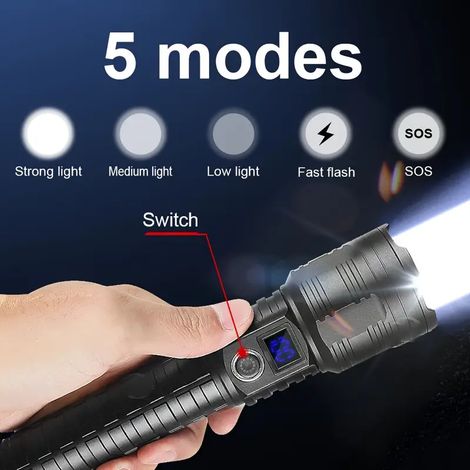 Neue Hochleistungs-LED-Taschenlampe mit wiederaufladbarem 10.000-mAh-Akku die leistungsstärkste Taschenlampe, eine extrem robuste taktische LED-Laterne.