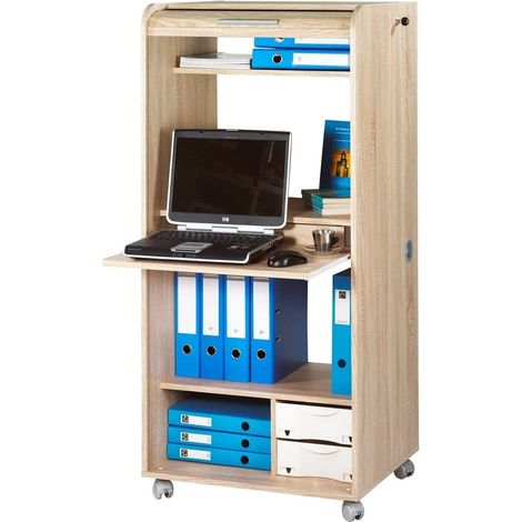 Meuble informatique à rideau chêne naturel Orga 140cm (1/4)